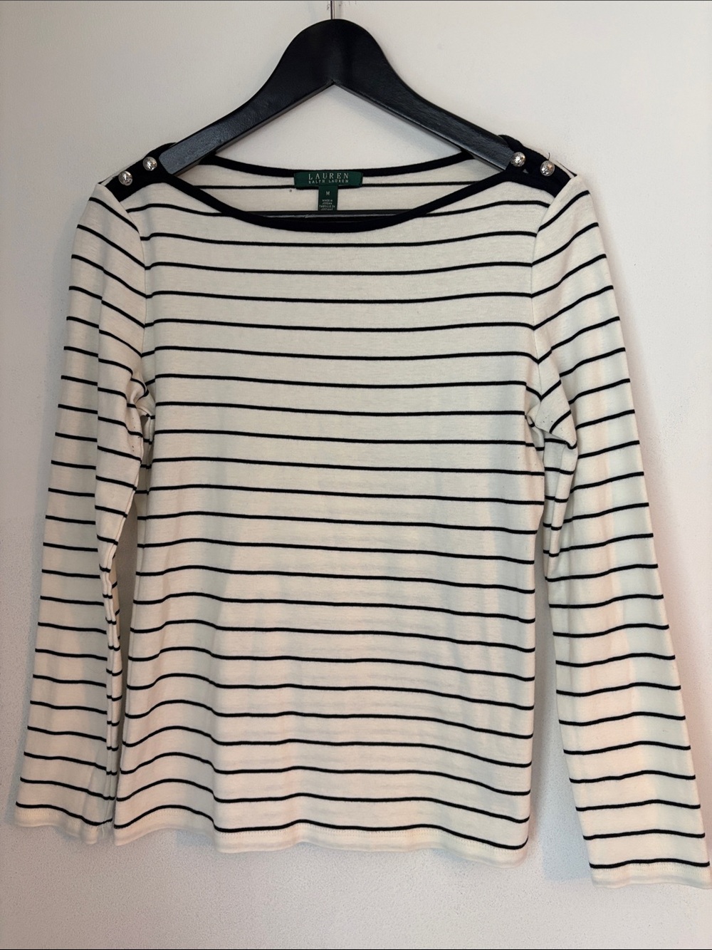 Lauren Ralph Lauren White & Black Striped Long-Boatneck Sleeve Top M